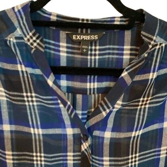 Express Navy Black and White Chiffon Plaid Sheer Top Size Small - Picture 5 of 10